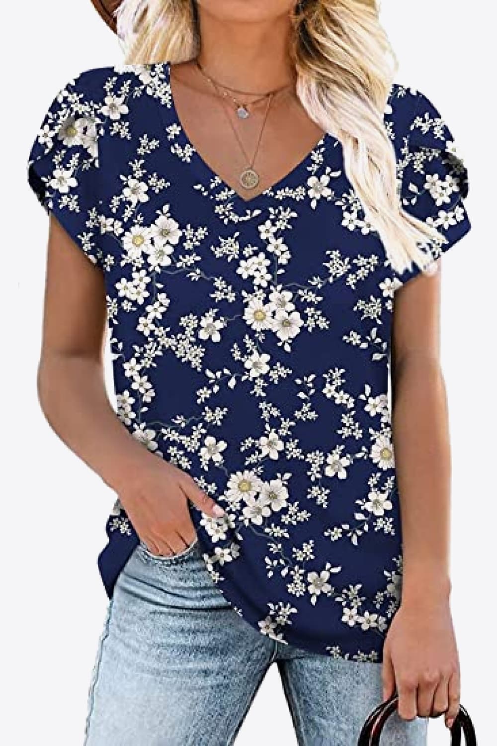 Printed Petal Sleeve V-Neck Blouse BLUE ZONE PLANET