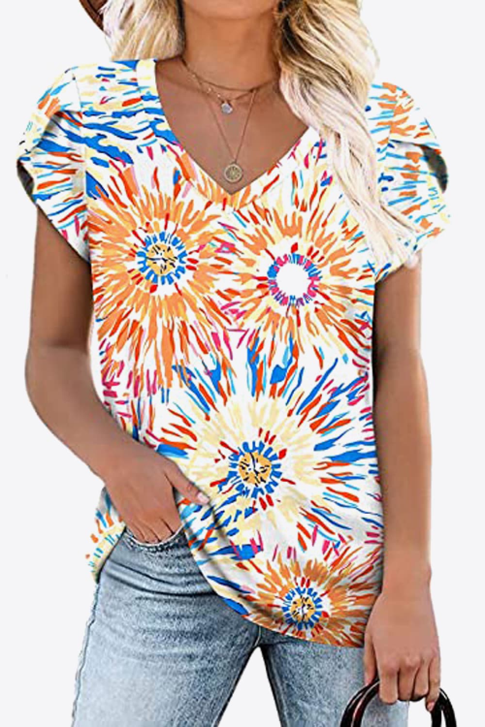 Printed Petal Sleeve V-Neck Blouse BLUE ZONE PLANET