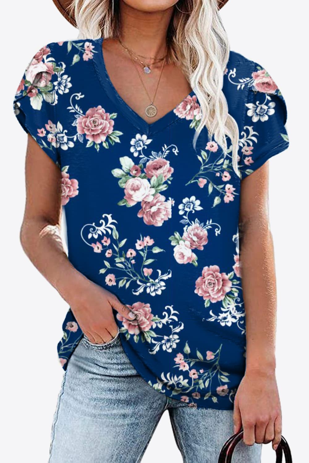 Printed Petal Sleeve V-Neck Blouse BLUE ZONE PLANET