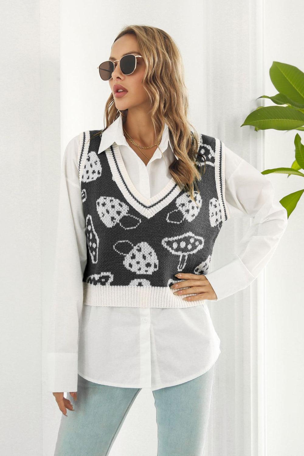 Printed Plunge Neck Sweater Vest BLUE ZONE PLANET