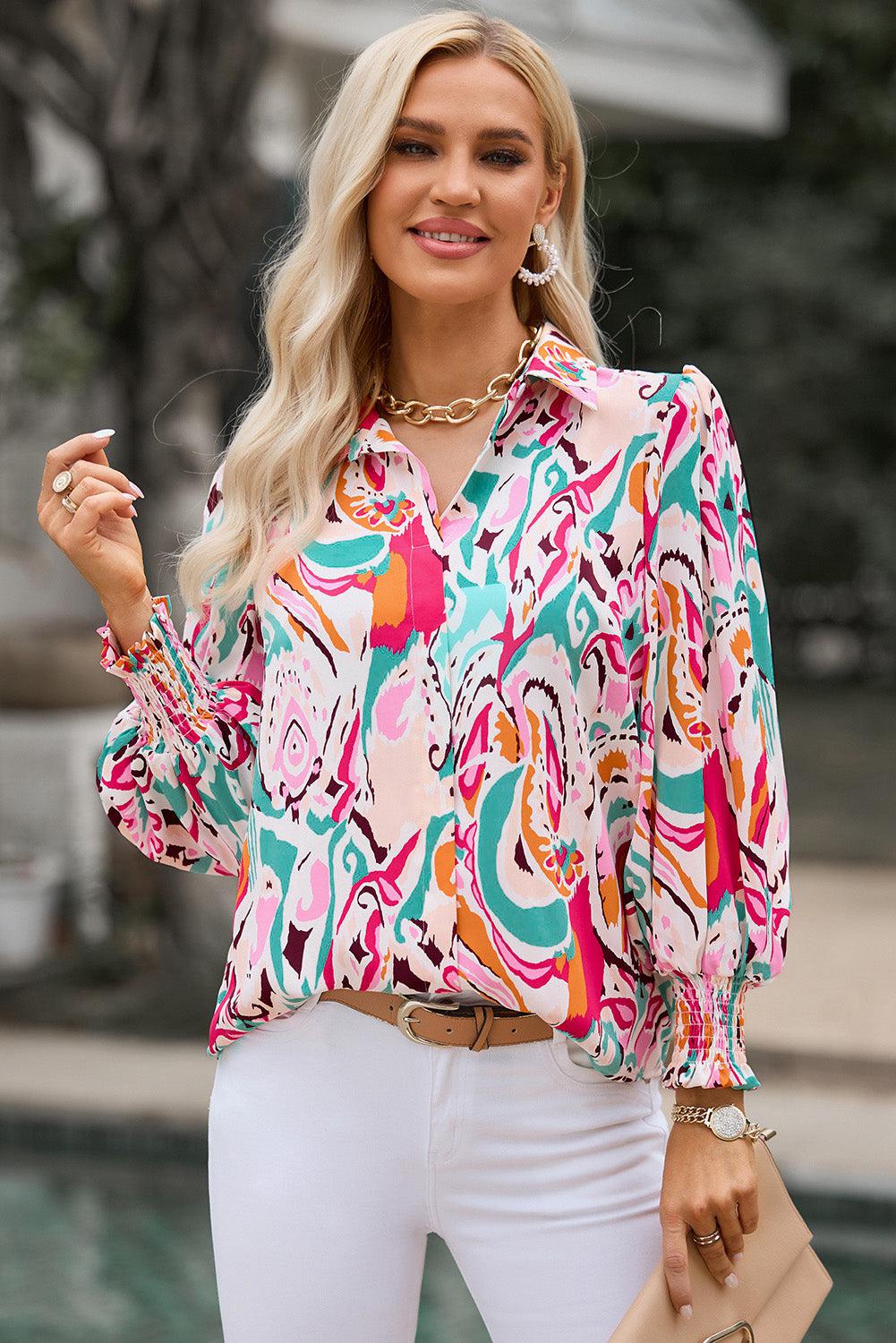 Printed Puff Sleeve Collared Blouse BLUE ZONE PLANET