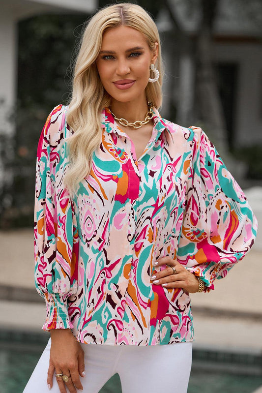 Printed Puff Sleeve Collared Blouse BLUE ZONE PLANET