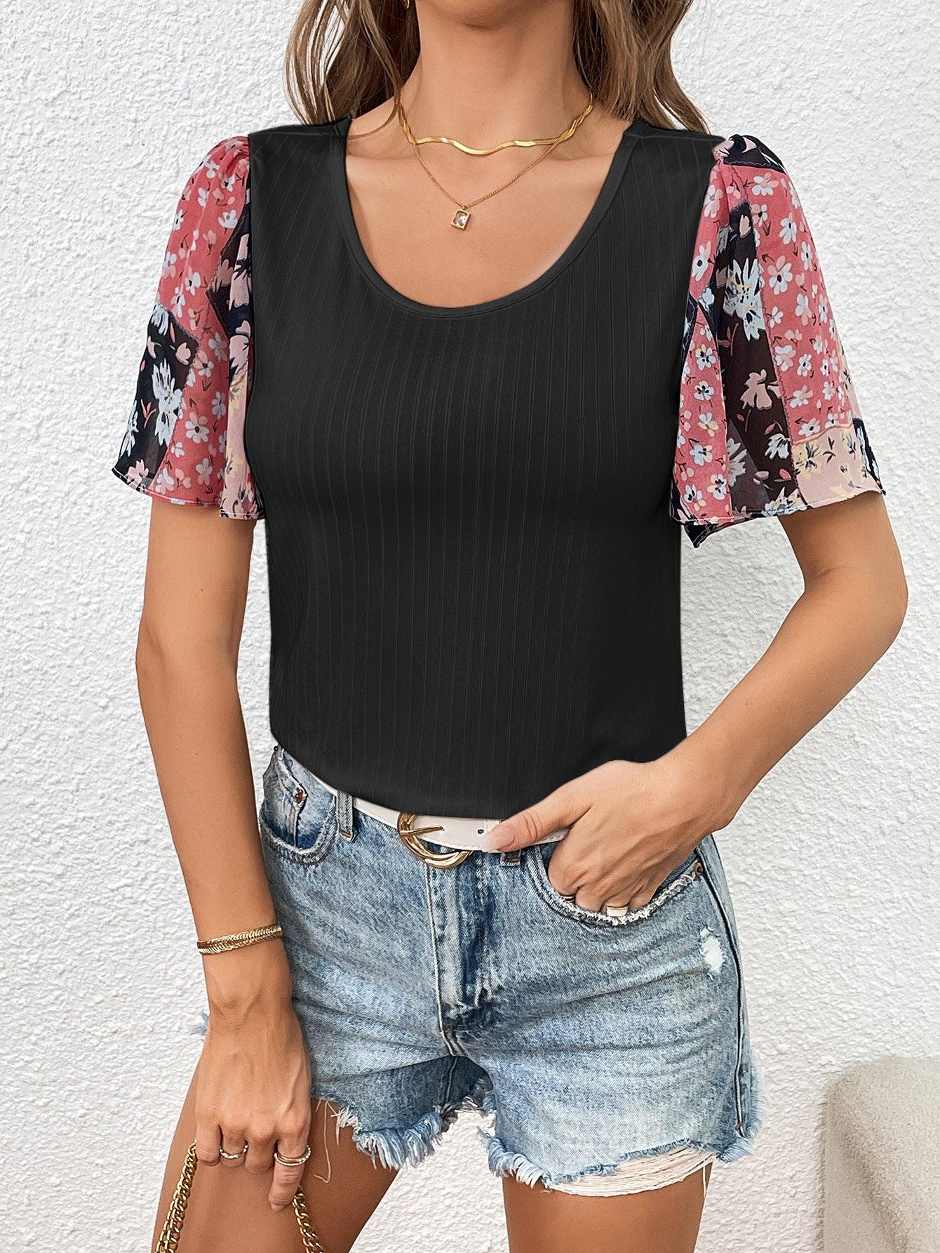 Printed Puff Sleeve Round Neck Tee BLUE ZONE PLANET