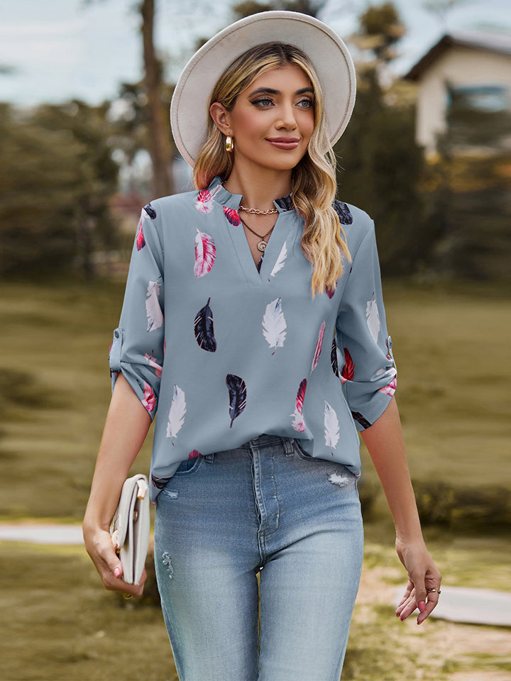 Printed Roll-Tab Sleeve Notched Neck Blouse BLUE ZONE PLANET