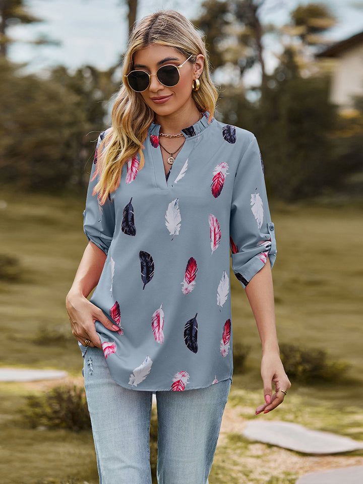 Printed Roll-Tab Sleeve Notched Neck Blouse BLUE ZONE PLANET