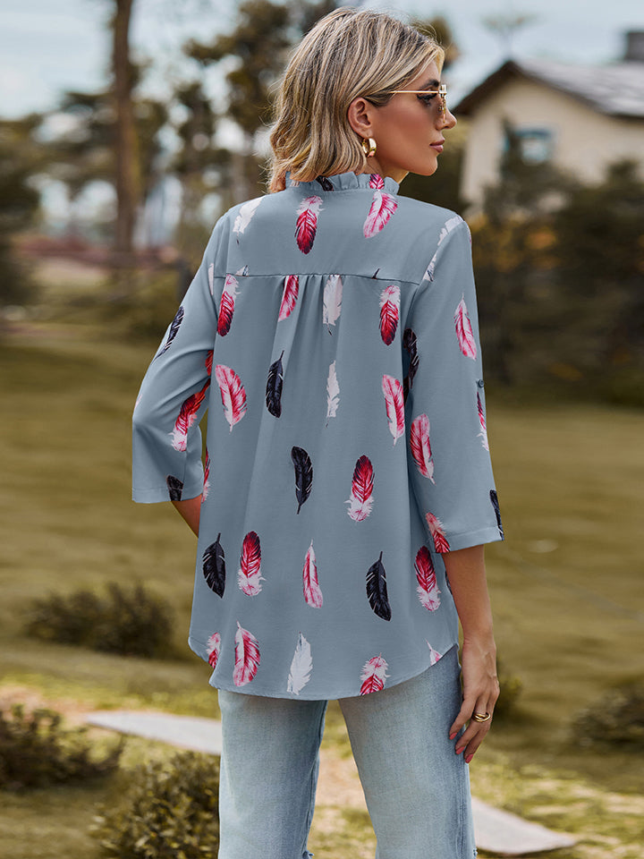 Printed Roll-Tab Sleeve Notched Neck Blouse BLUE ZONE PLANET