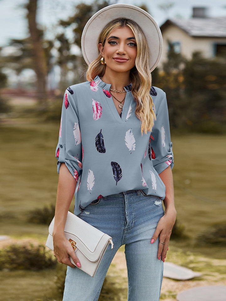 Printed Roll-Tab Sleeve Notched Neck Blouse BLUE ZONE PLANET