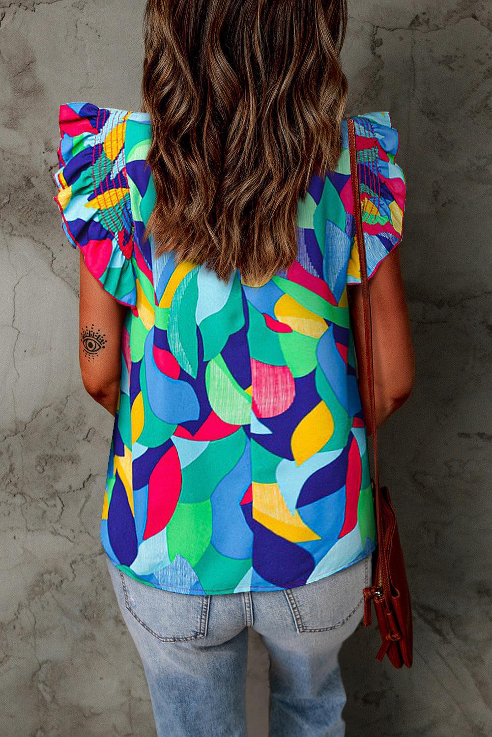 Printed Round Neck Butterfly Sleeve Top BLUE ZONE PLANET