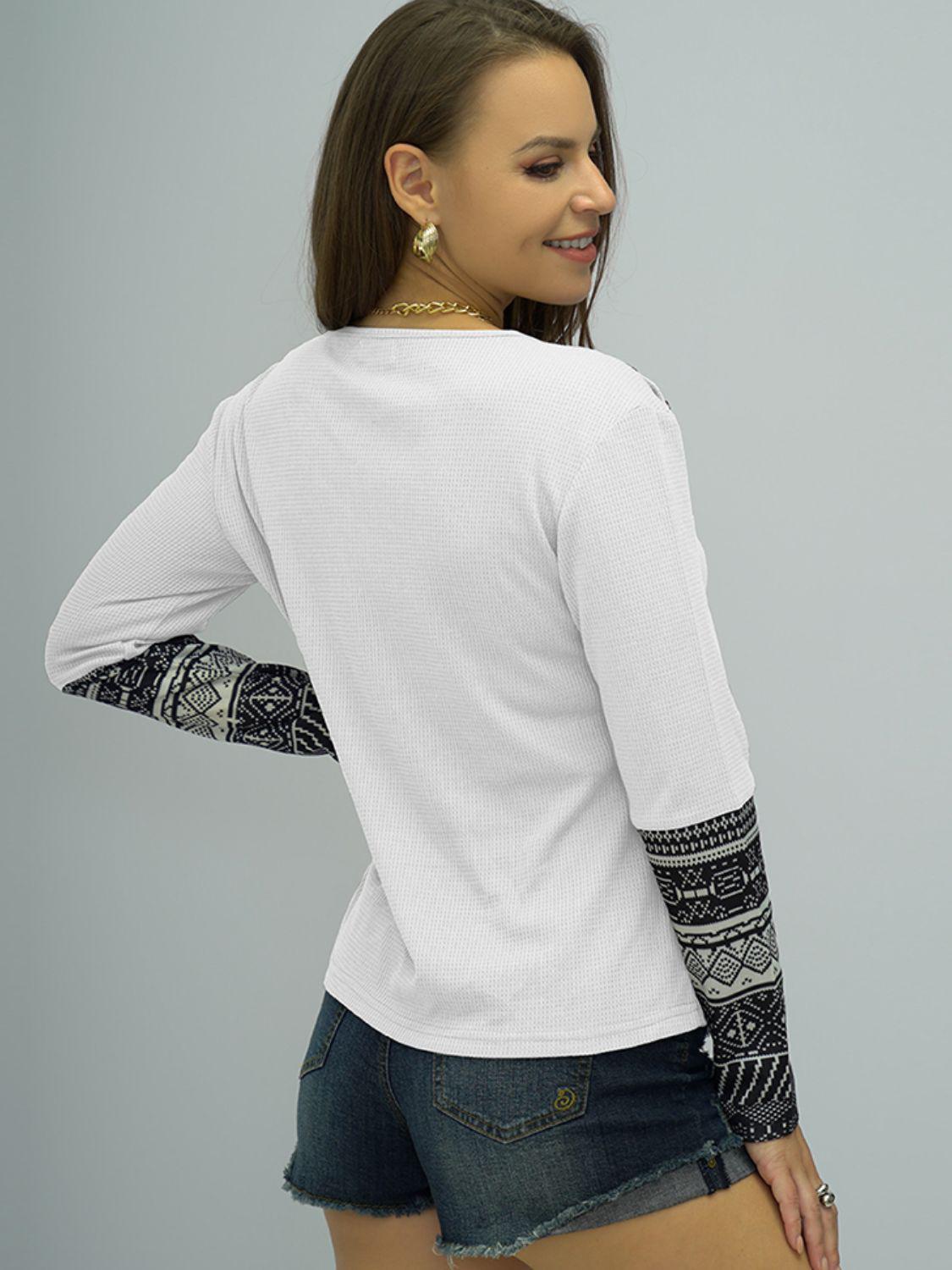 Printed Round Neck Buttoned Shoulder Tee BLUE ZONE PLANET