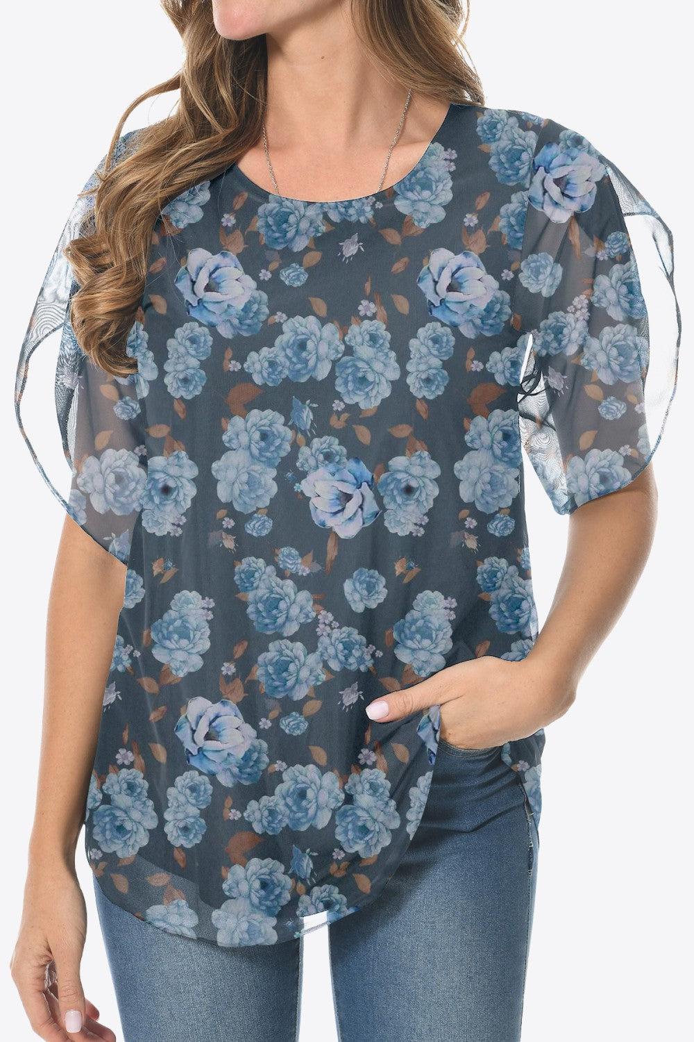 Printed Round Neck Curved Hem Blouse BLUE ZONE PLANET