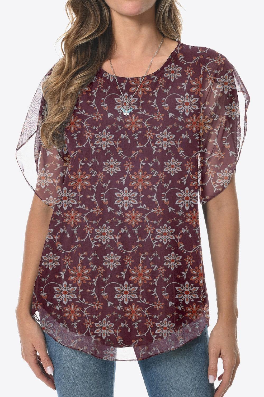 Printed Round Neck Curved Hem Blouse BLUE ZONE PLANET