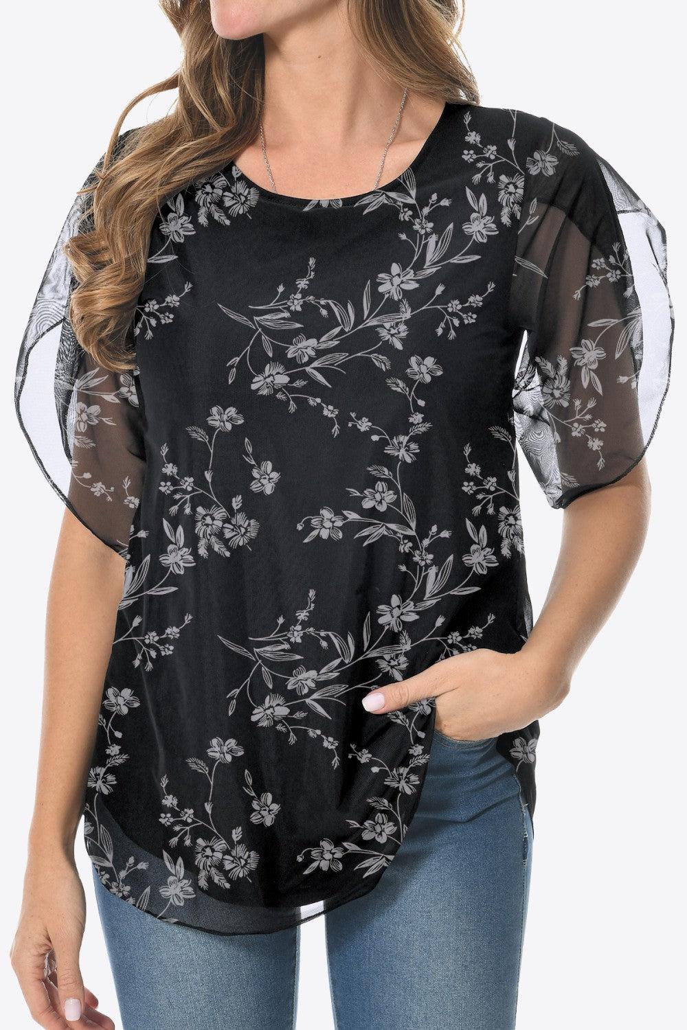 Printed Round Neck Curved Hem Blouse BLUE ZONE PLANET