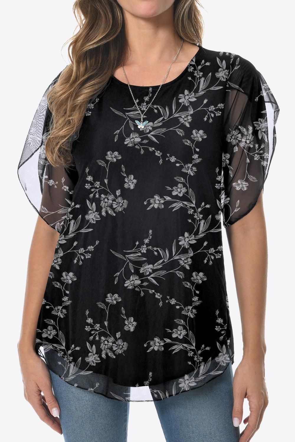 Printed Round Neck Curved Hem Blouse BLUE ZONE PLANET