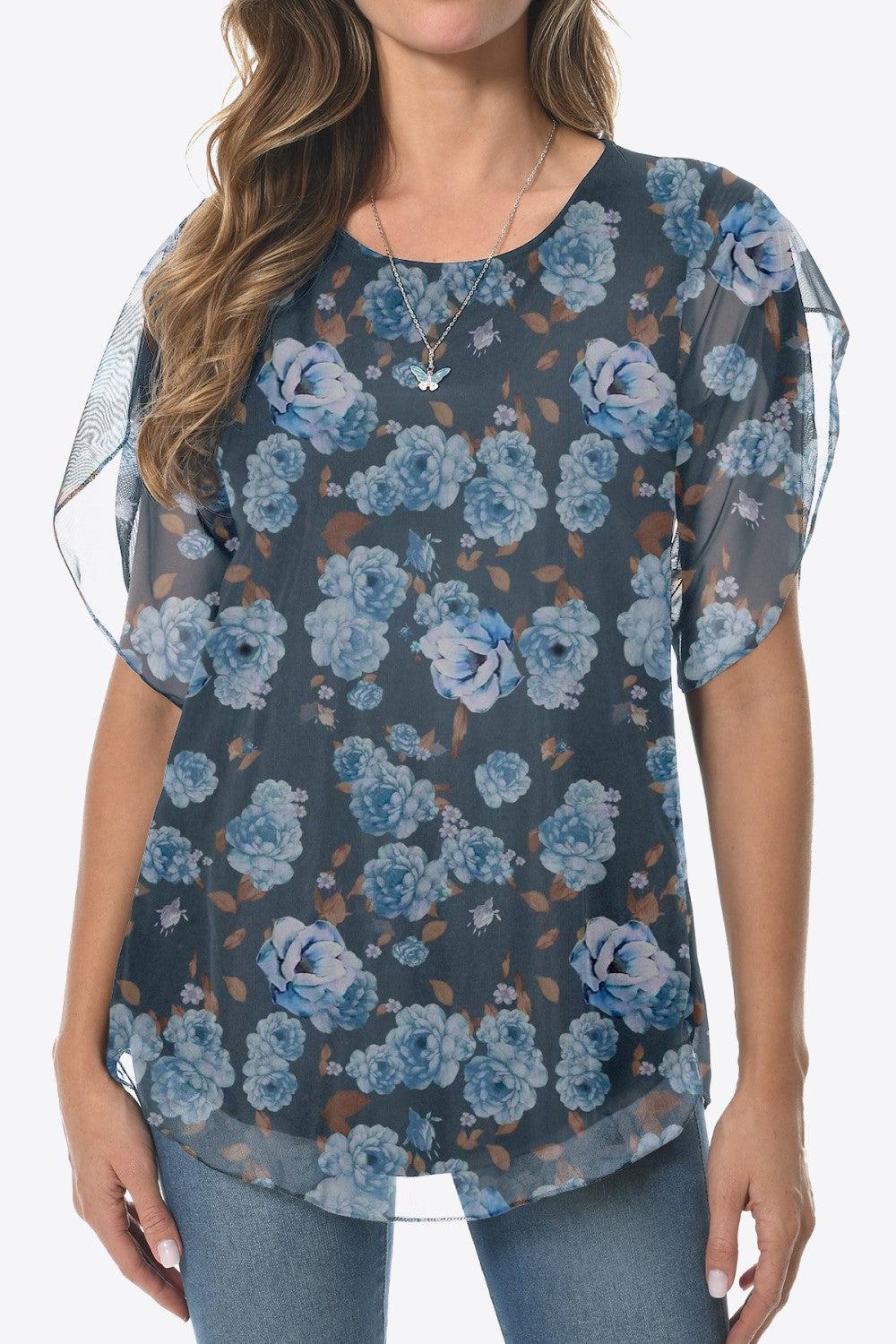 Printed Round Neck Curved Hem Blouse BLUE ZONE PLANET