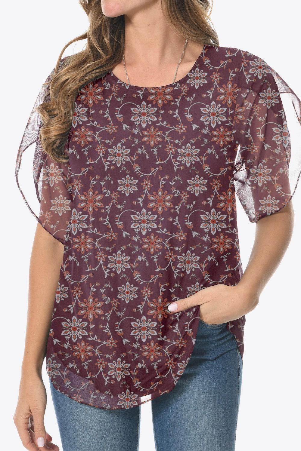 Printed Round Neck Curved Hem Blouse BLUE ZONE PLANET