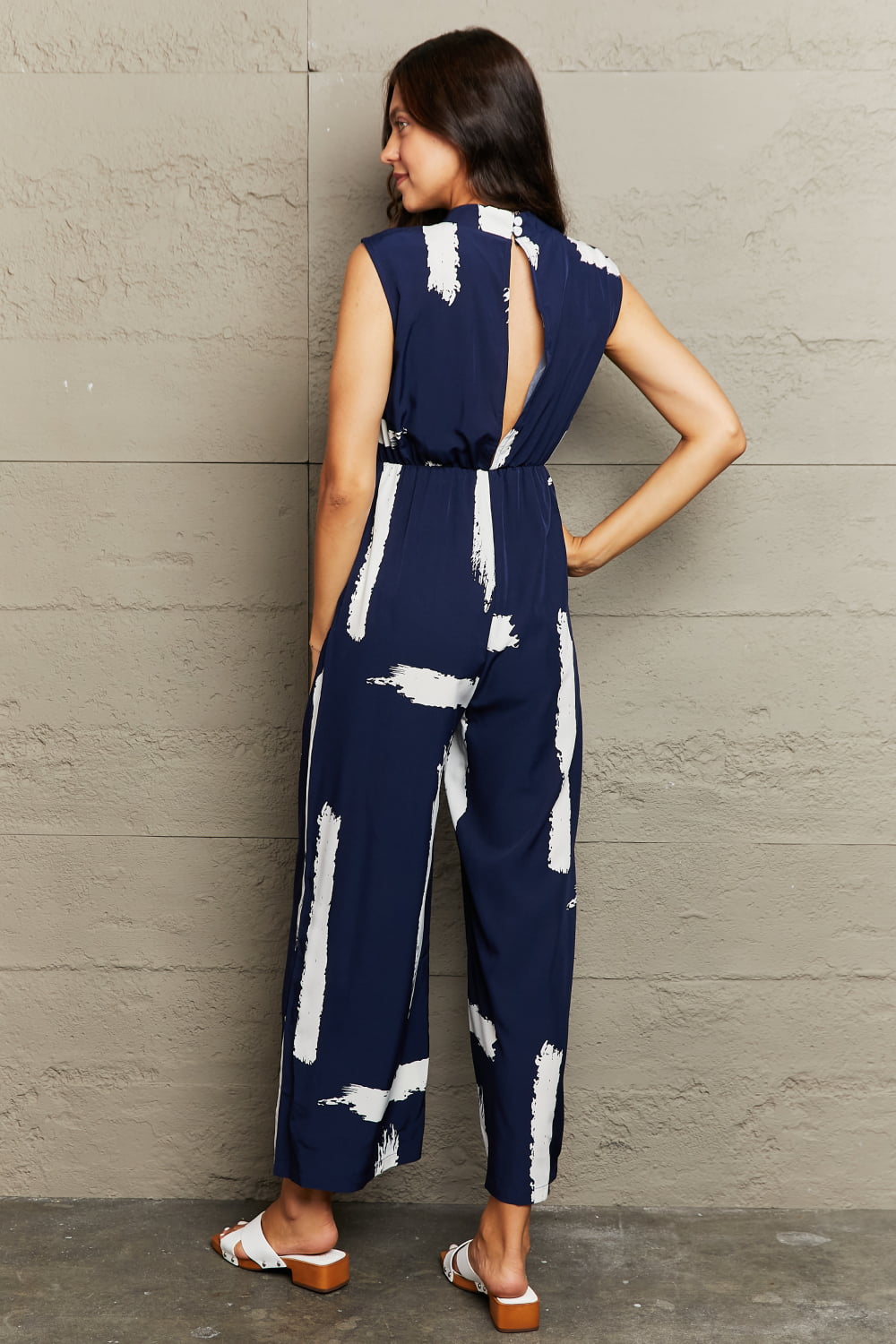 Printed Round Neck Cutout Jumpsuit with Pockets BLUE ZONE PLANET