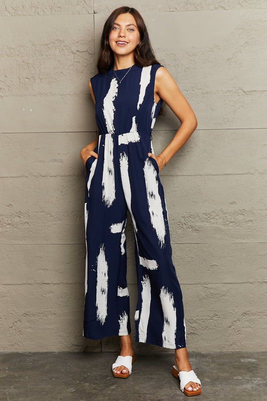 Printed Round Neck Cutout Jumpsuit with Pockets BLUE ZONE PLANET