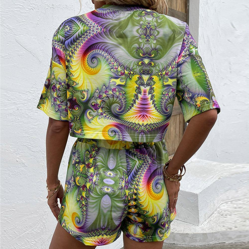 Printed Round Neck Dropped Shoulder Half Sleeve Top and Shorts Set BLUE ZONE PLANET