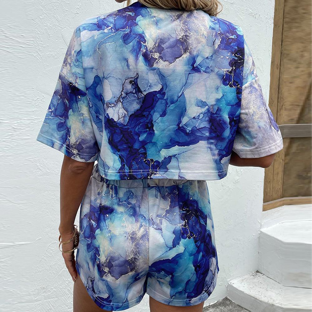 Printed Round Neck Dropped Shoulder Half Sleeve Top and Shorts Set BLUE ZONE PLANET