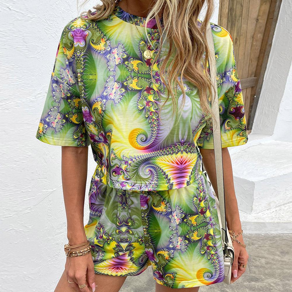 Printed Round Neck Dropped Shoulder Half Sleeve Top and Shorts Set BLUE ZONE PLANET