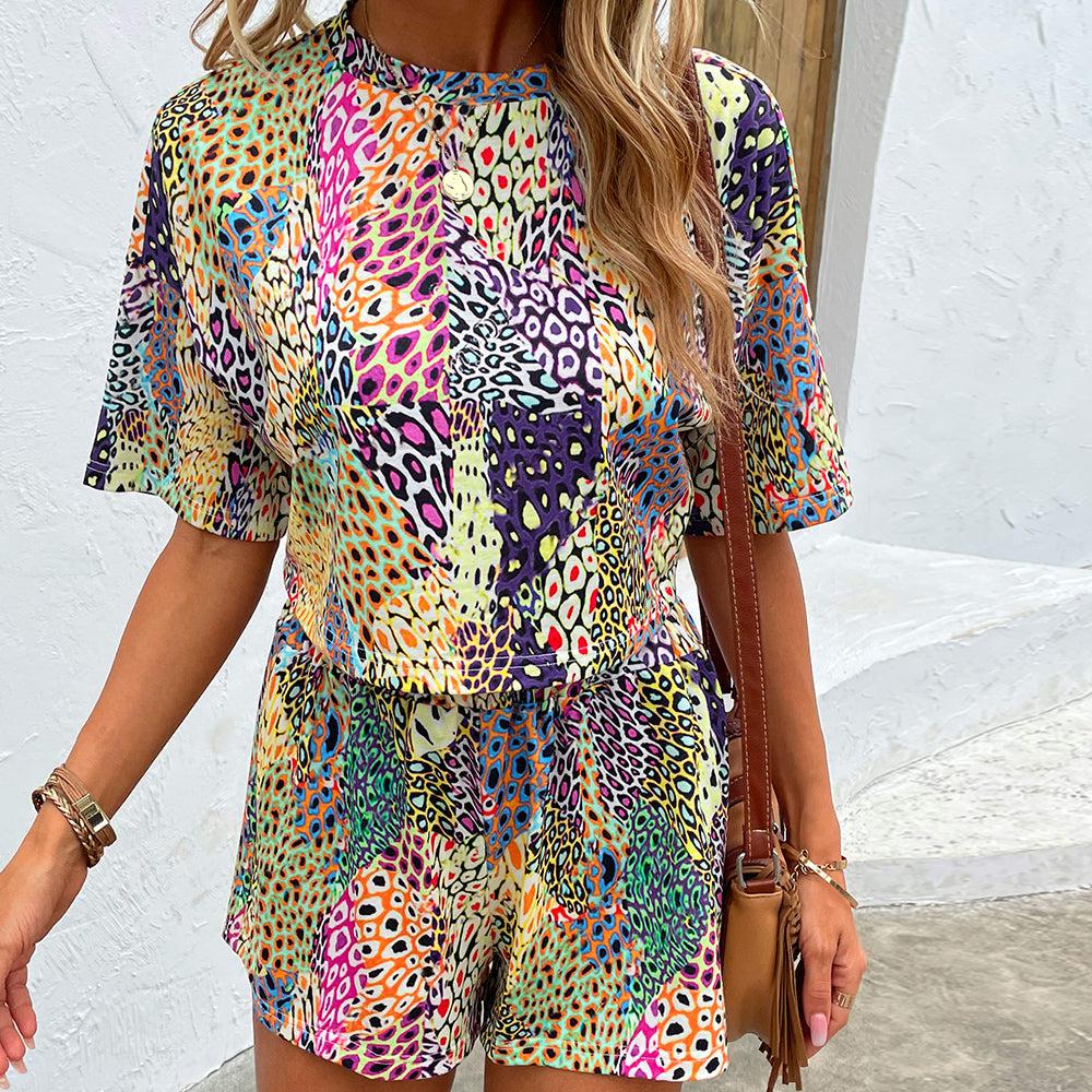 Printed Round Neck Dropped Shoulder Half Sleeve Top and Shorts Set BLUE ZONE PLANET