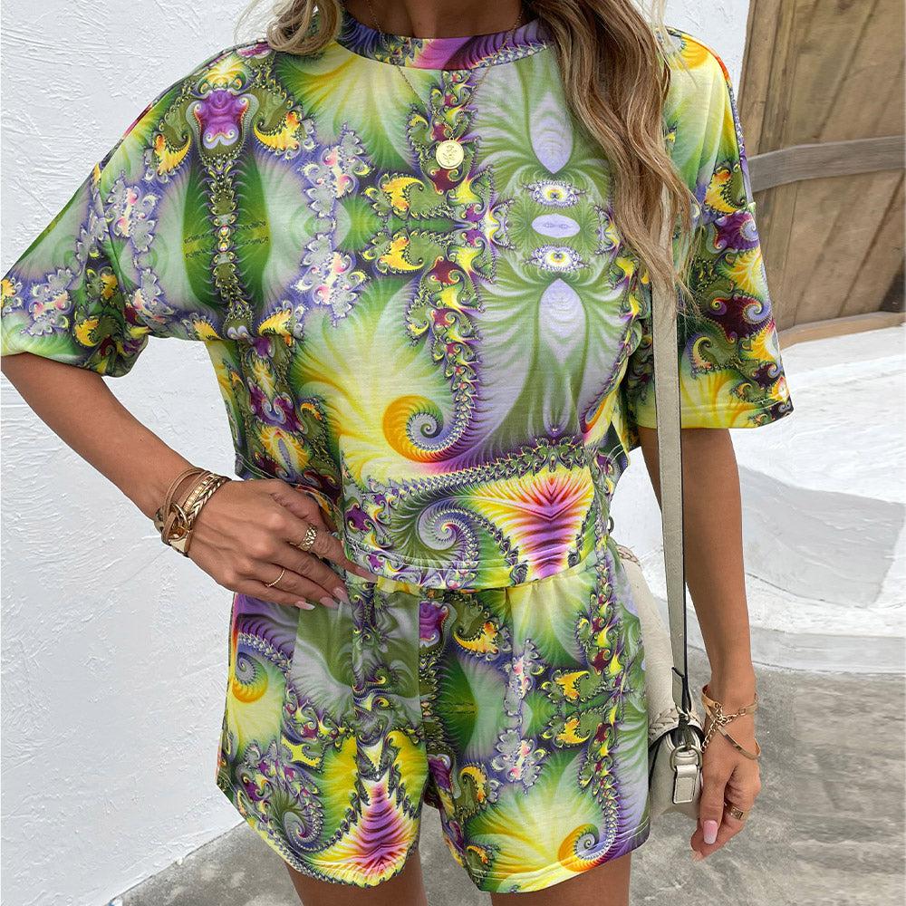 Printed Round Neck Dropped Shoulder Half Sleeve Top and Shorts Set BLUE ZONE PLANET