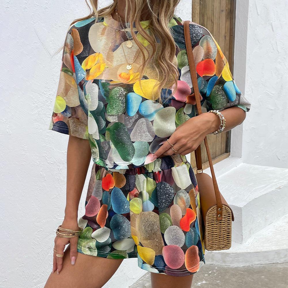 Printed Round Neck Dropped Shoulder Half Sleeve Top and Shorts Set BLUE ZONE PLANET