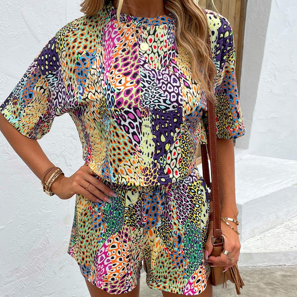 Printed Round Neck Dropped Shoulder Half Sleeve Top and Shorts Set BLUE ZONE PLANET