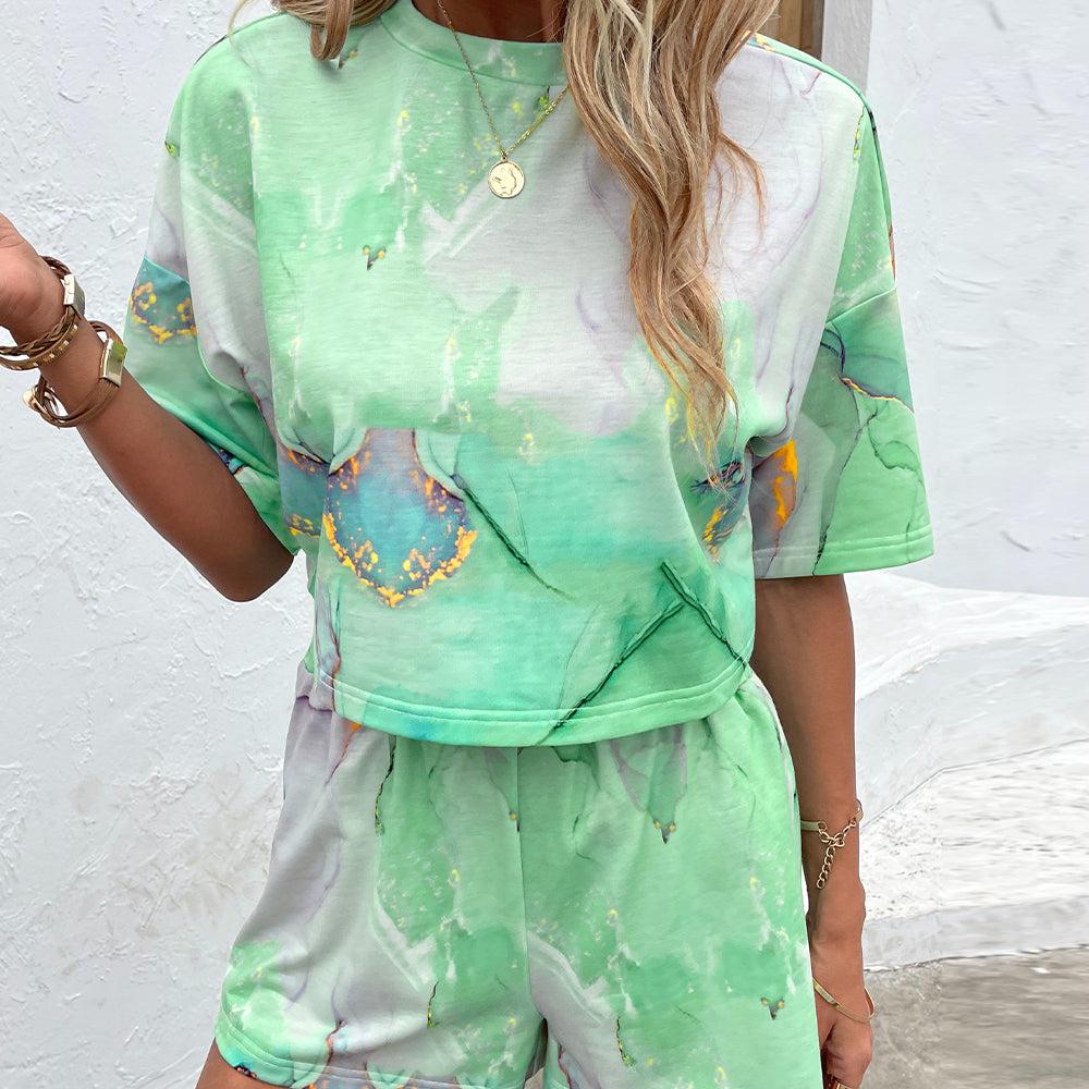 Printed Round Neck Dropped Shoulder Half Sleeve Top and Shorts Set BLUE ZONE PLANET