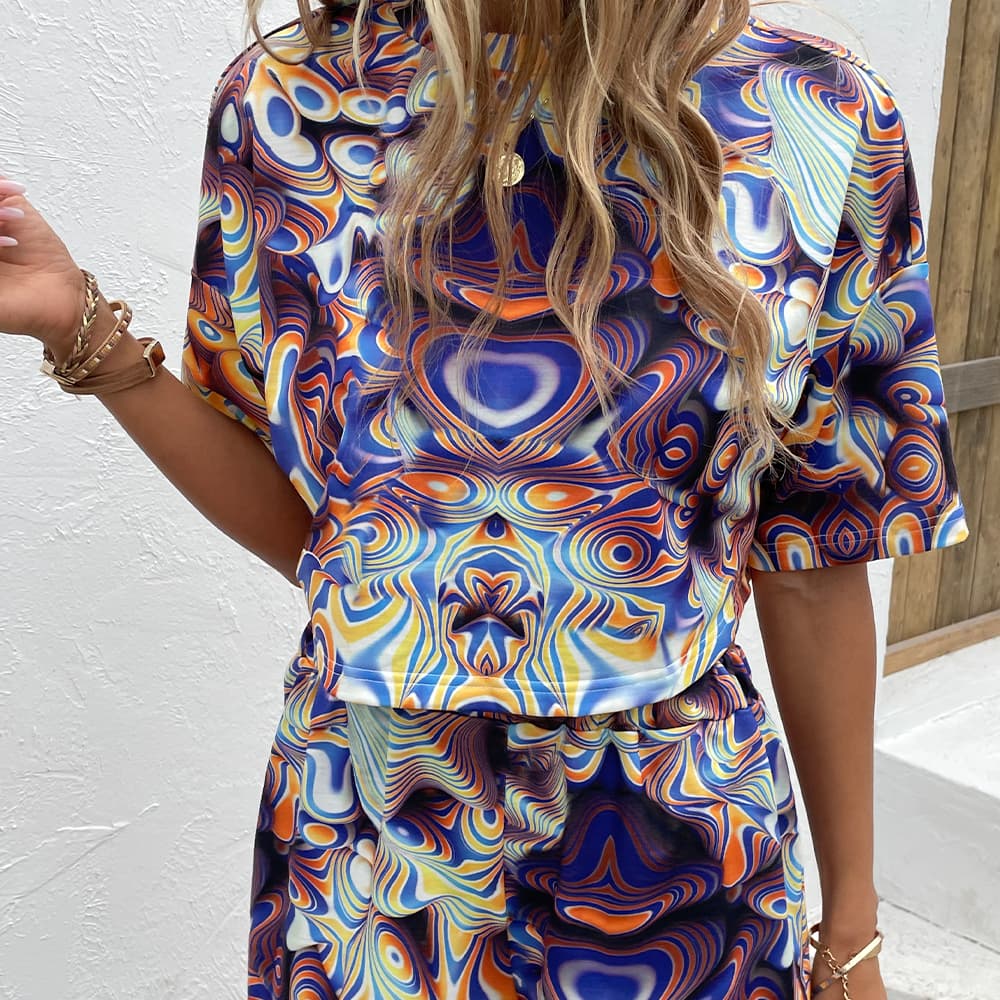 Printed Round Neck Dropped Shoulder Half Sleeve Top and Shorts Set BLUE ZONE PLANET