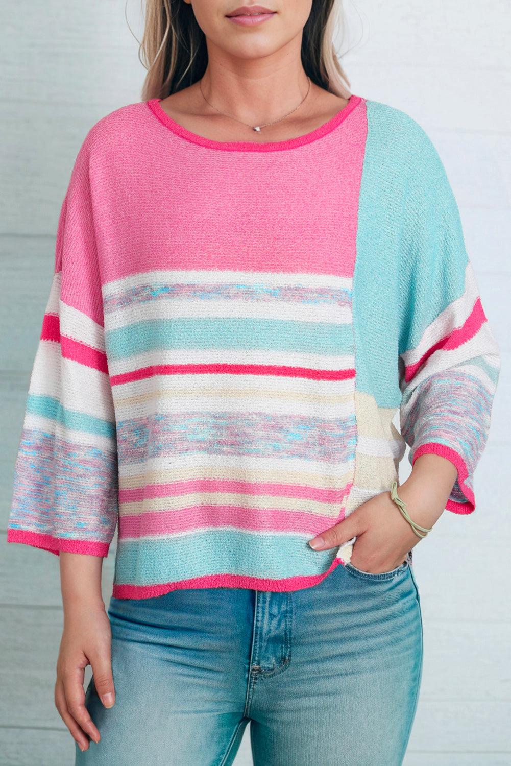 Printed Round Neck Dropped Shoulder Pullover Sweater BLUE ZONE PLANET