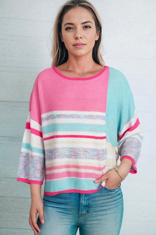 Printed Round Neck Dropped Shoulder Pullover Sweater BLUE ZONE PLANET