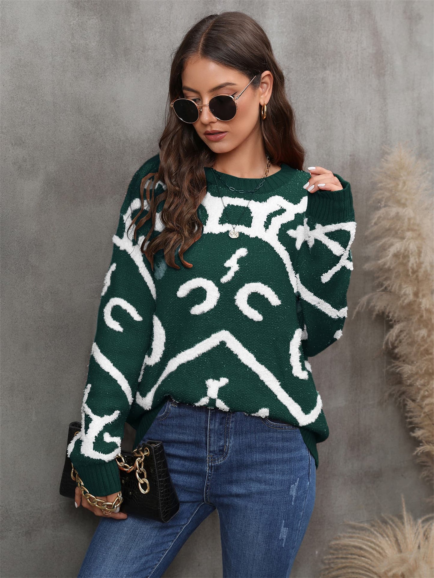 Printed Round Neck Dropped Shoulder Sweater BLUE ZONE PLANET