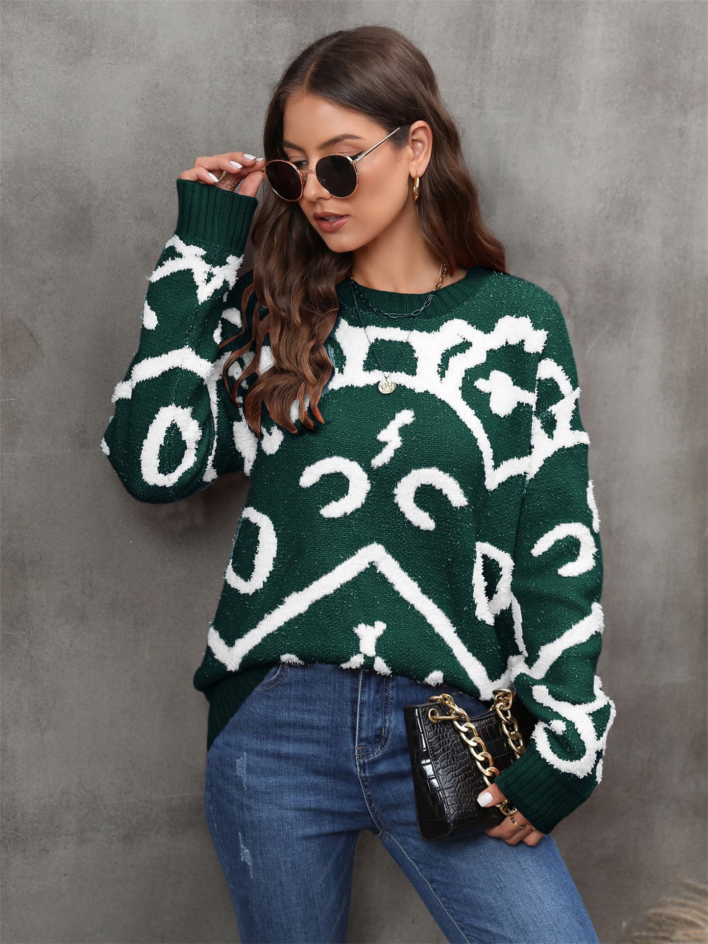 Printed Round Neck Dropped Shoulder Sweater BLUE ZONE PLANET