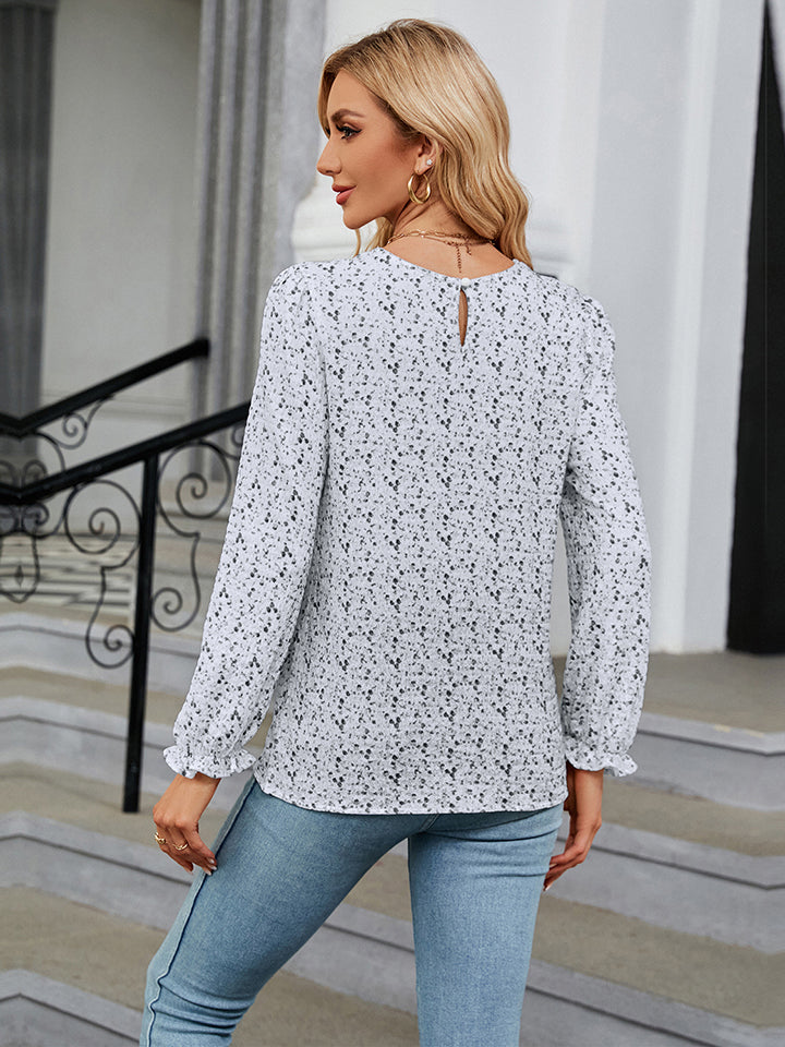 Printed Round Neck Flounce Sleeve Blouse BLUE ZONE PLANET