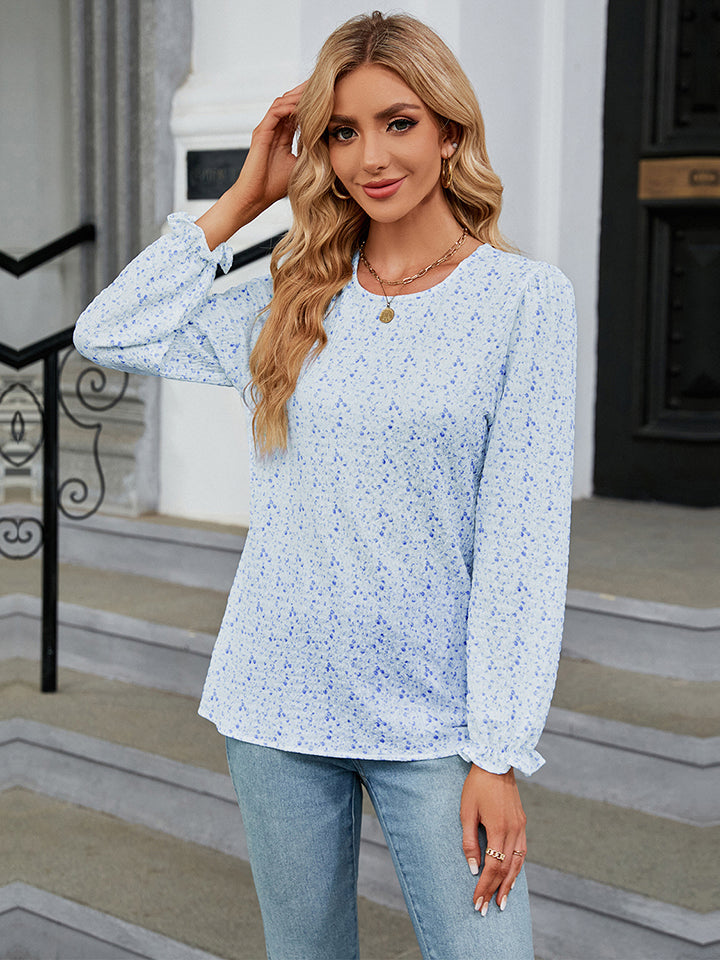 Printed Round Neck Flounce Sleeve Blouse BLUE ZONE PLANET