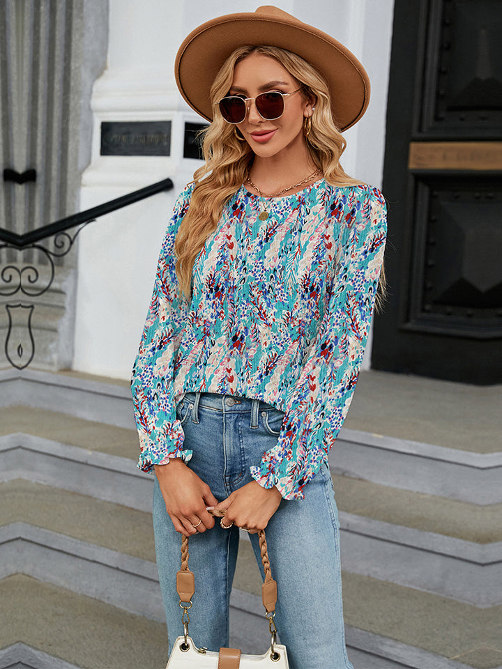 Printed Round Neck Flounce Sleeve Blouse BLUE ZONE PLANET