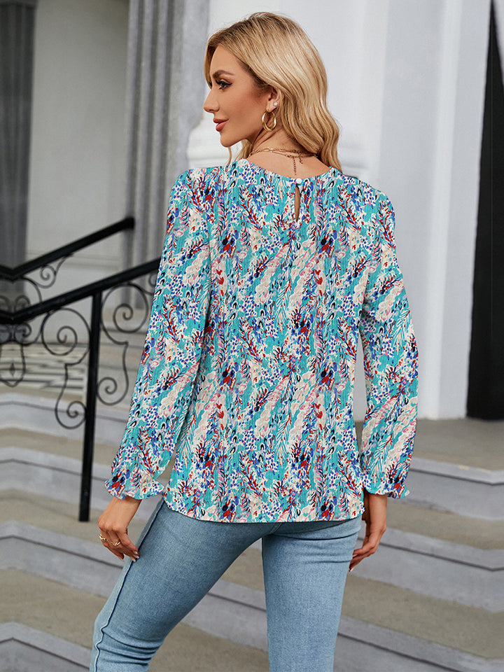 Printed Round Neck Flounce Sleeve Blouse BLUE ZONE PLANET