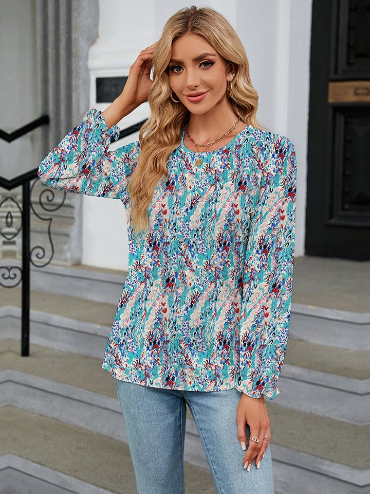 Printed Round Neck Flounce Sleeve Blouse BLUE ZONE PLANET