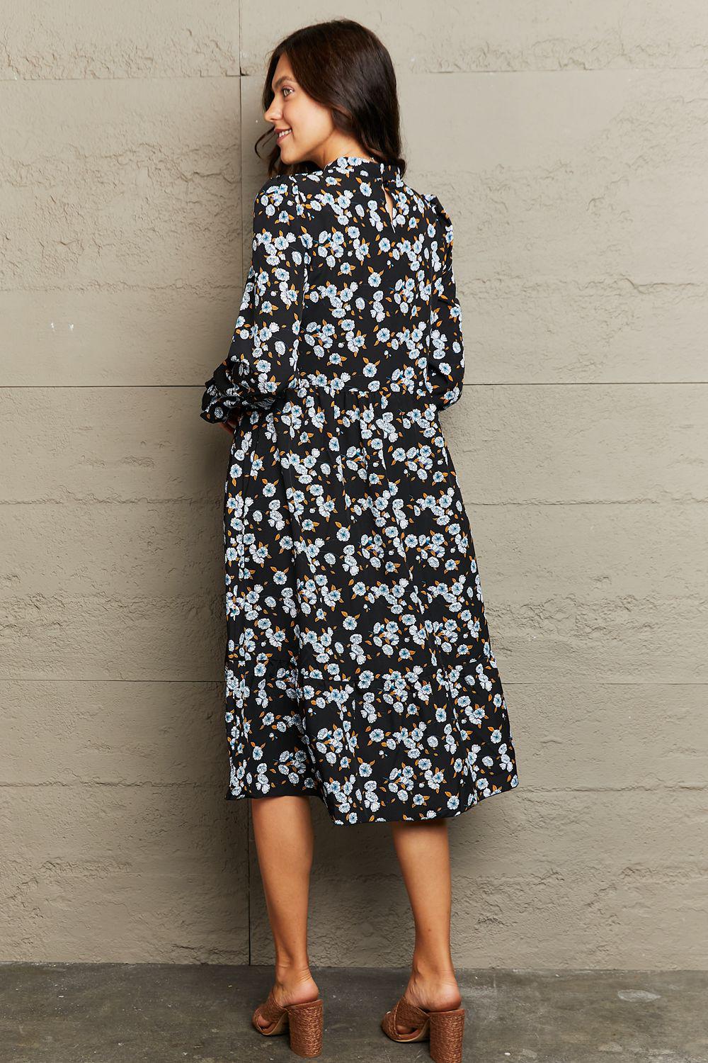 Printed Round Neck Flounce Sleeve Dress BLUE ZONE PLANET