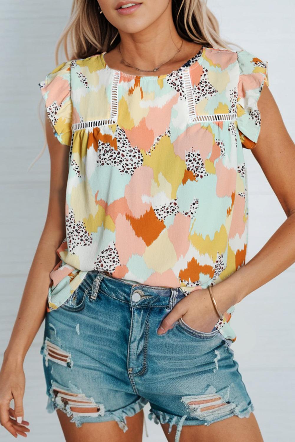 Printed Round Neck Flutter Sleeve Top BLUE ZONE PLANET