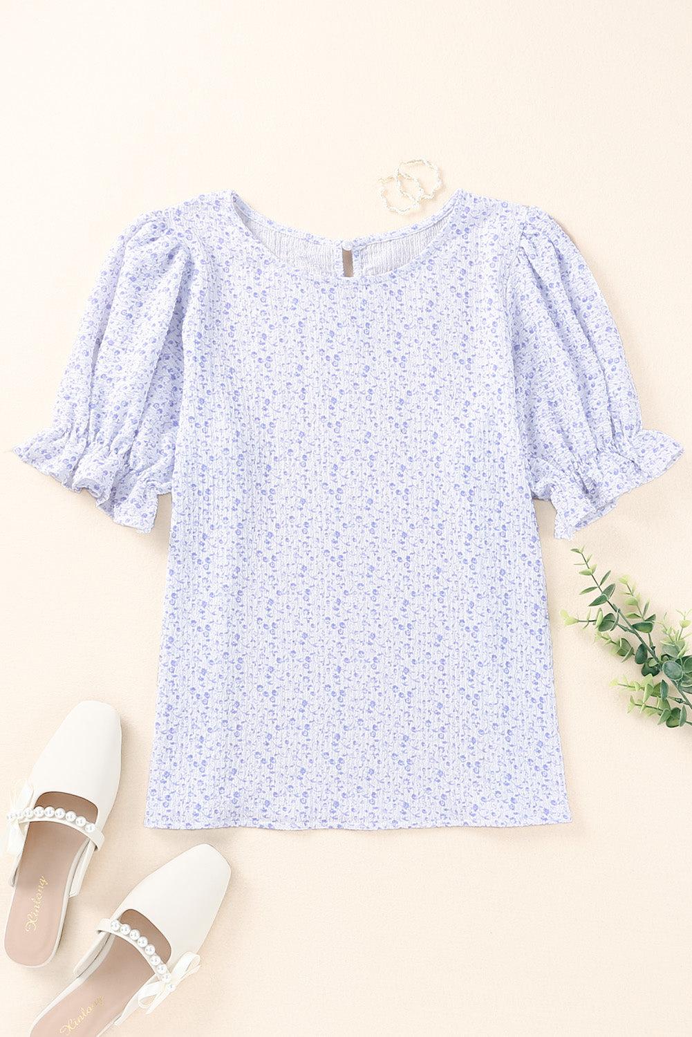 Printed Round Neck Half Flounce Sleeve Top BLUE ZONE PLANET