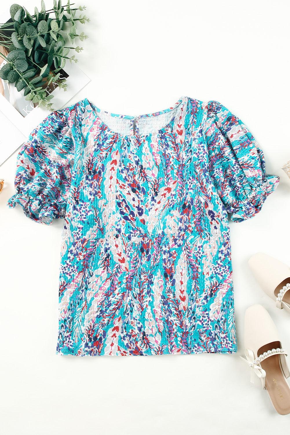 Printed Round Neck Half Flounce Sleeve Top BLUE ZONE PLANET