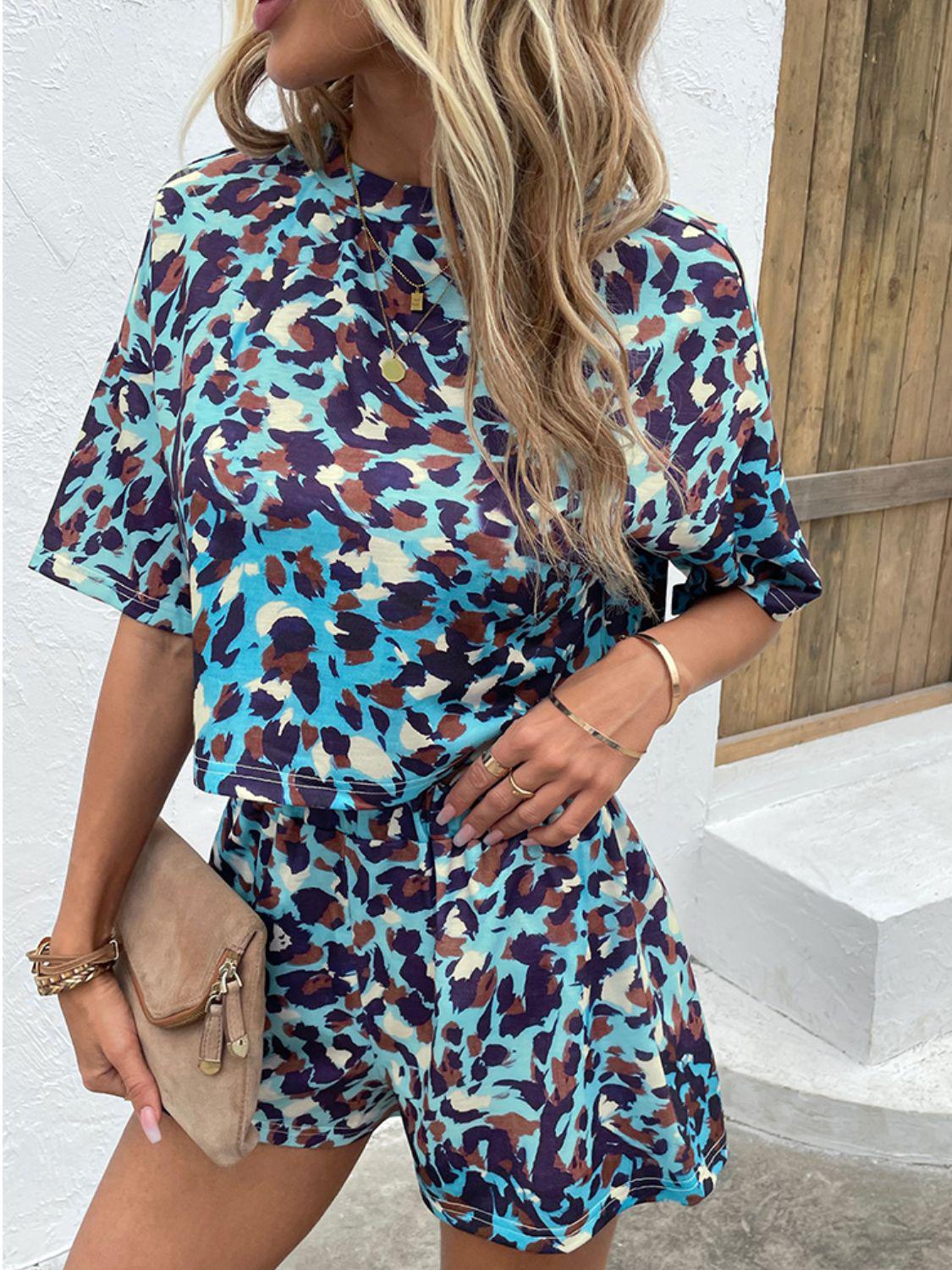 Printed Round Neck Half Sleeve Top and Shorts Set BLUE ZONE PLANET