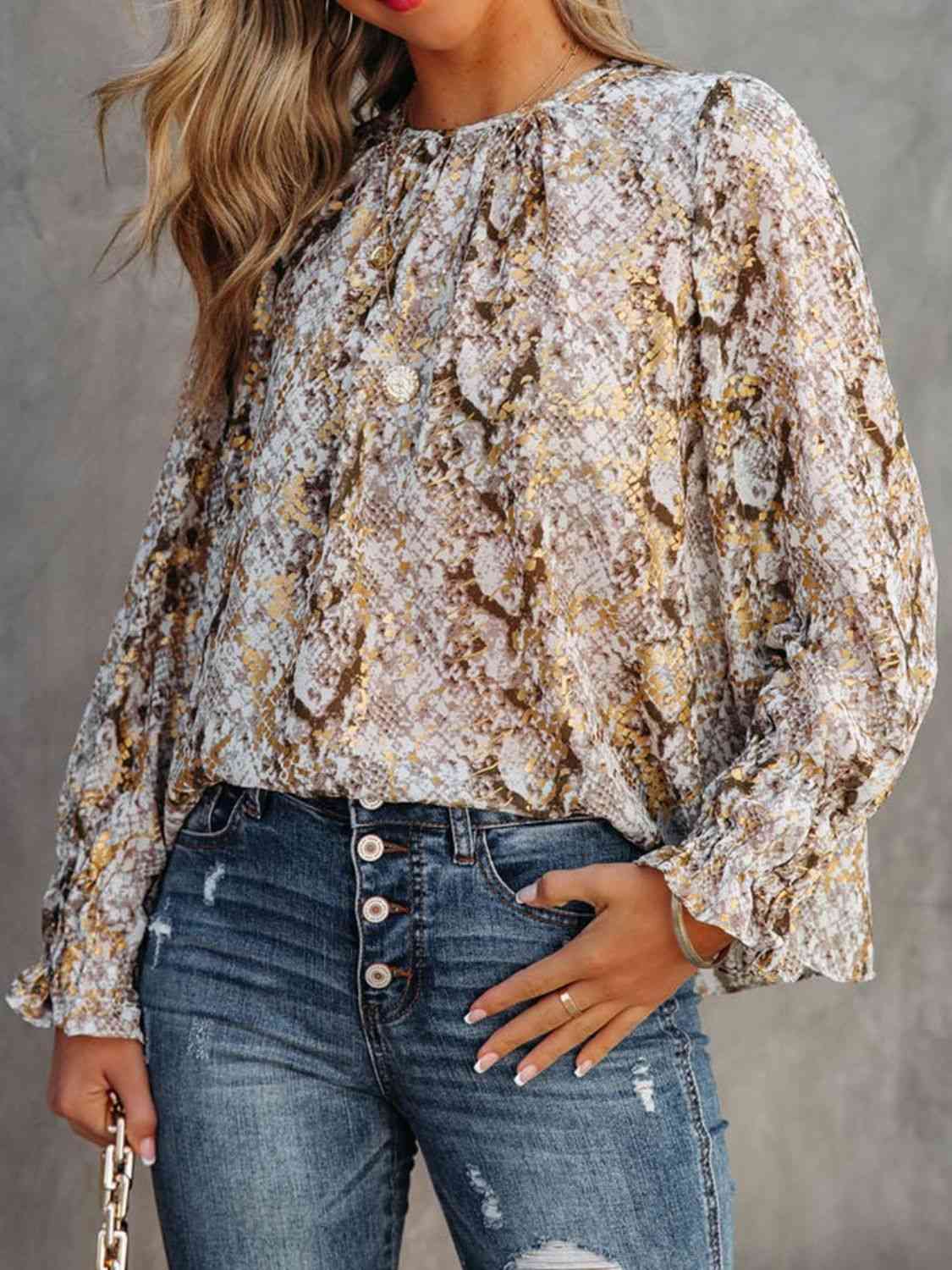 Printed Round Neck Long Sleeve Blouse BLUE ZONE PLANET