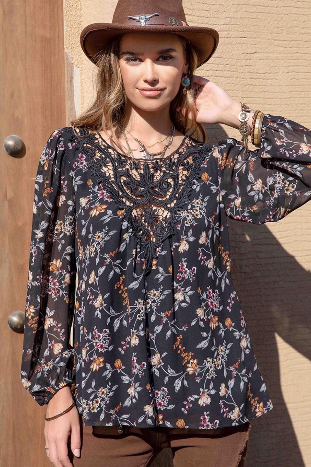 Printed Round Neck Long Sleeve Blouse BLUE ZONE PLANET