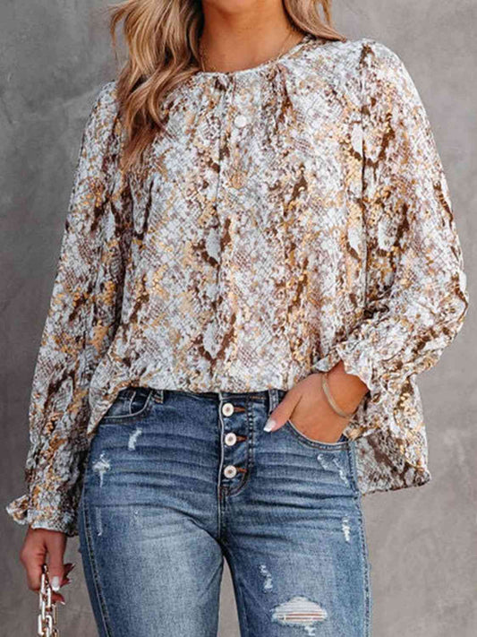 Printed Round Neck Long Sleeve Blouse BLUE ZONE PLANET