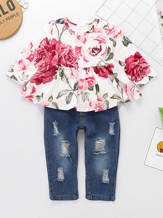 Printed Round Neck Long Sleeve Blouse and Distressed Jeans Set-TOPS / DRESSES-[Adult]-[Female]-Blush Pink-6-9M-2022 Online Blue Zone Planet