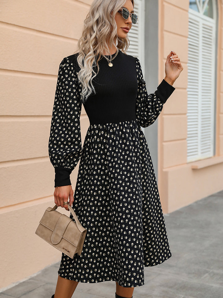 Printed Round Neck Long Sleeve Dress BLUE ZONE PLANET