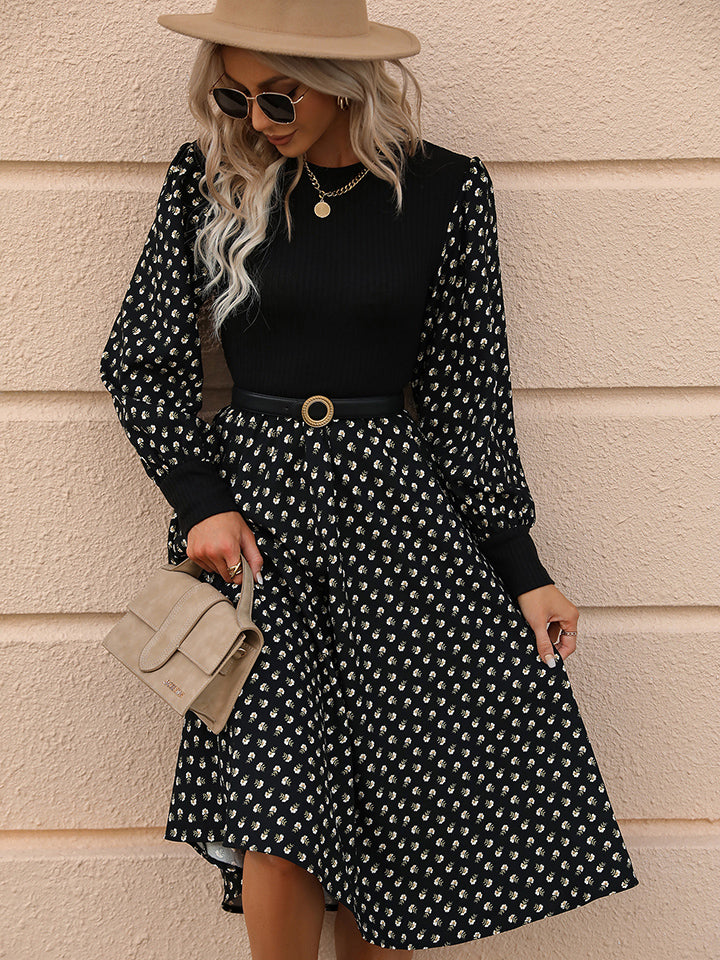 Printed Round Neck Long Sleeve Dress BLUE ZONE PLANET